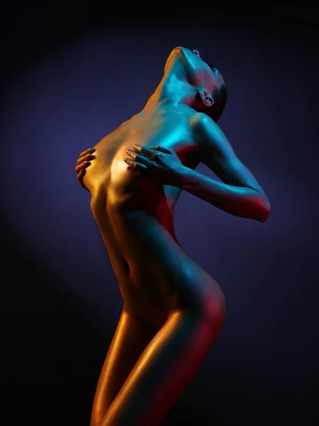 Moda Sztuka Fotografia Elegancki Model Nago Kolorowe Światło Punktowe — Zdjęcie stockowe