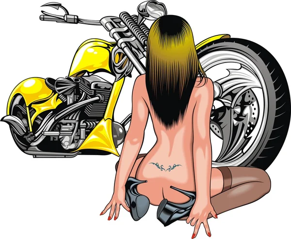 好女孩和孤立的白色背景上的黄色摩托车 — 图库矢量图片