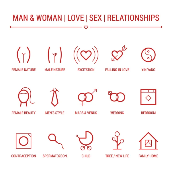Mann und Frau. Liebe, Sex, Beziehungen. Symbole gesetzt. linear, rot. — Stockvektor
